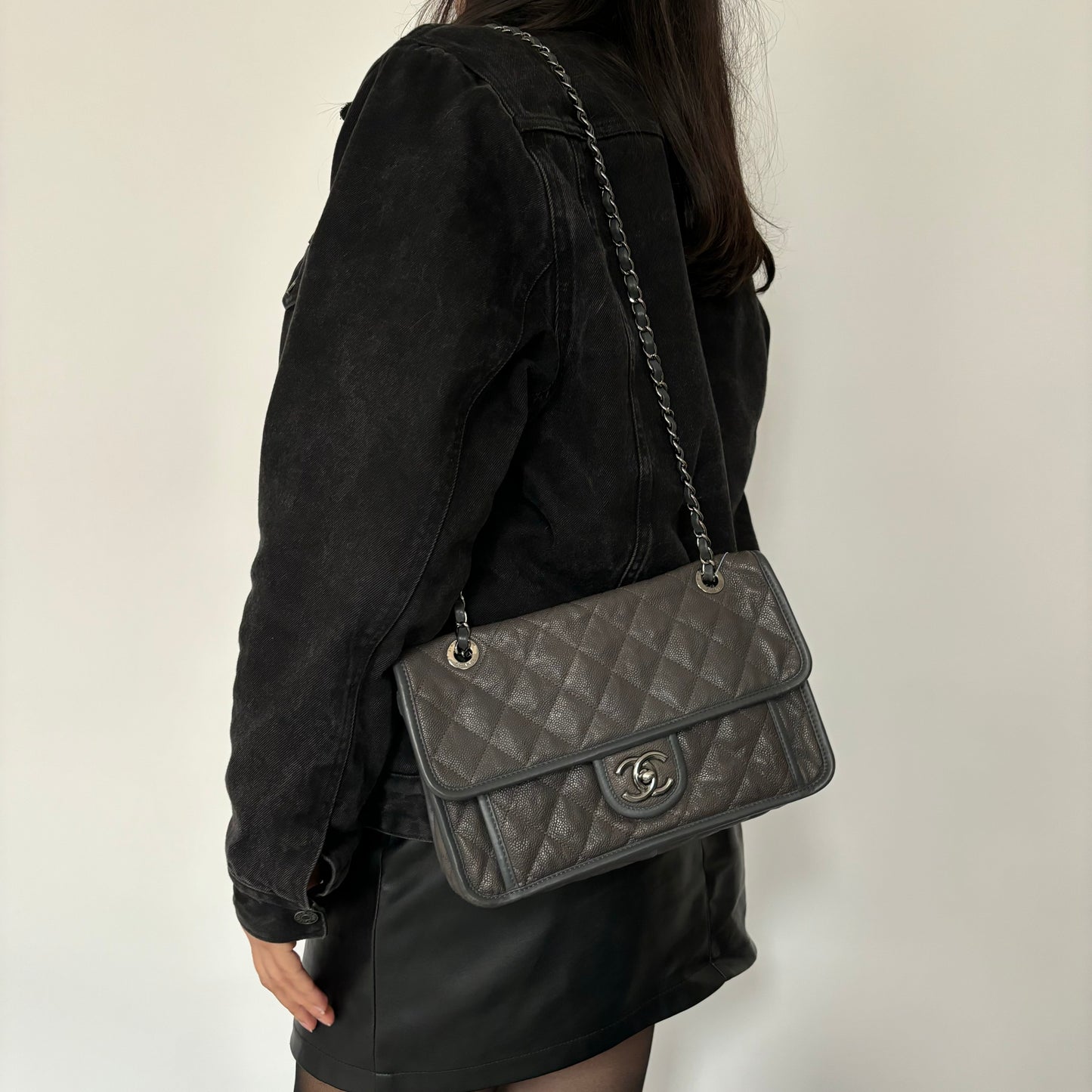 Chanel Grey Caviar French Riviera Medium Flap Bag 2014