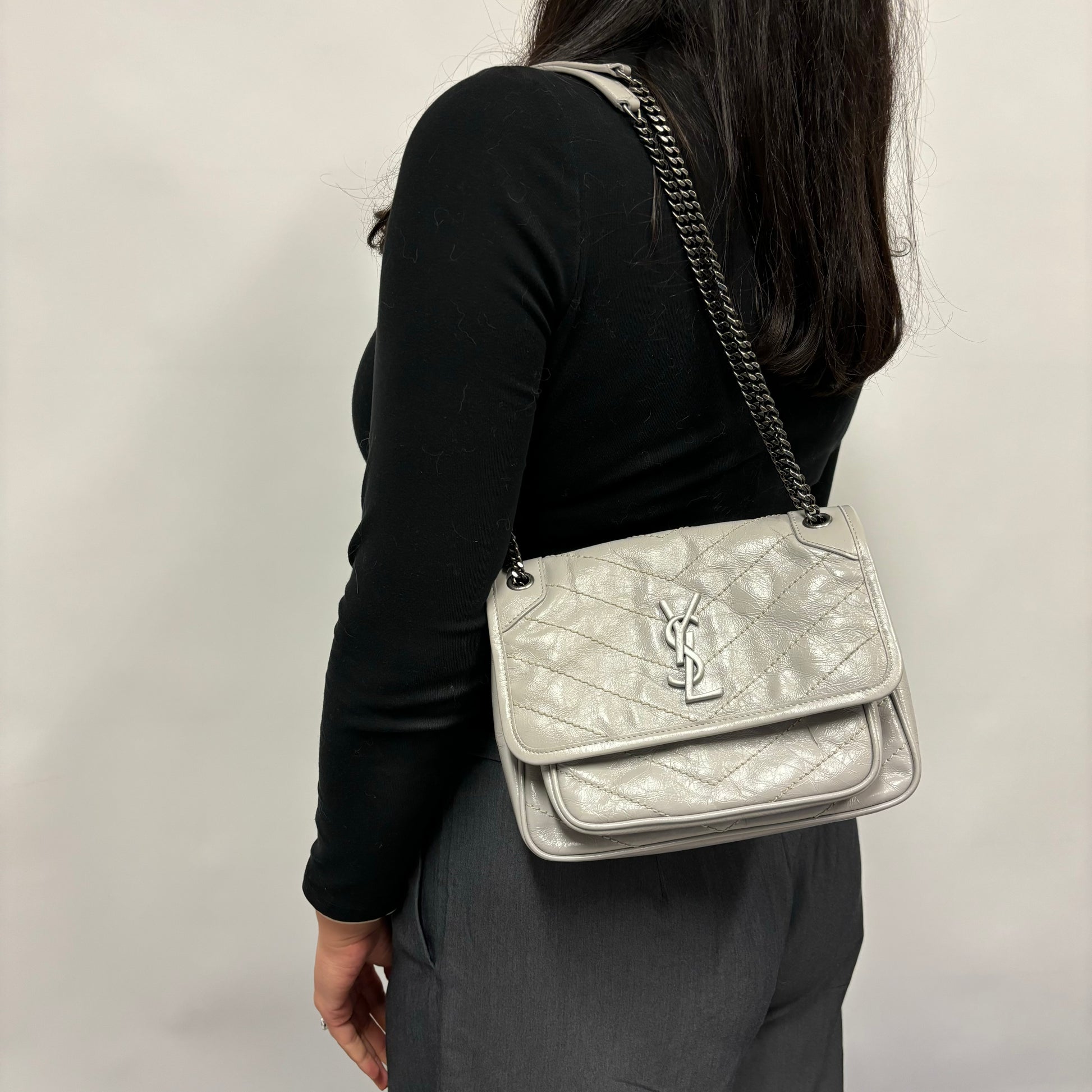 Saint Laurent Pale Grey Vintage Leather Baby Niki 2019