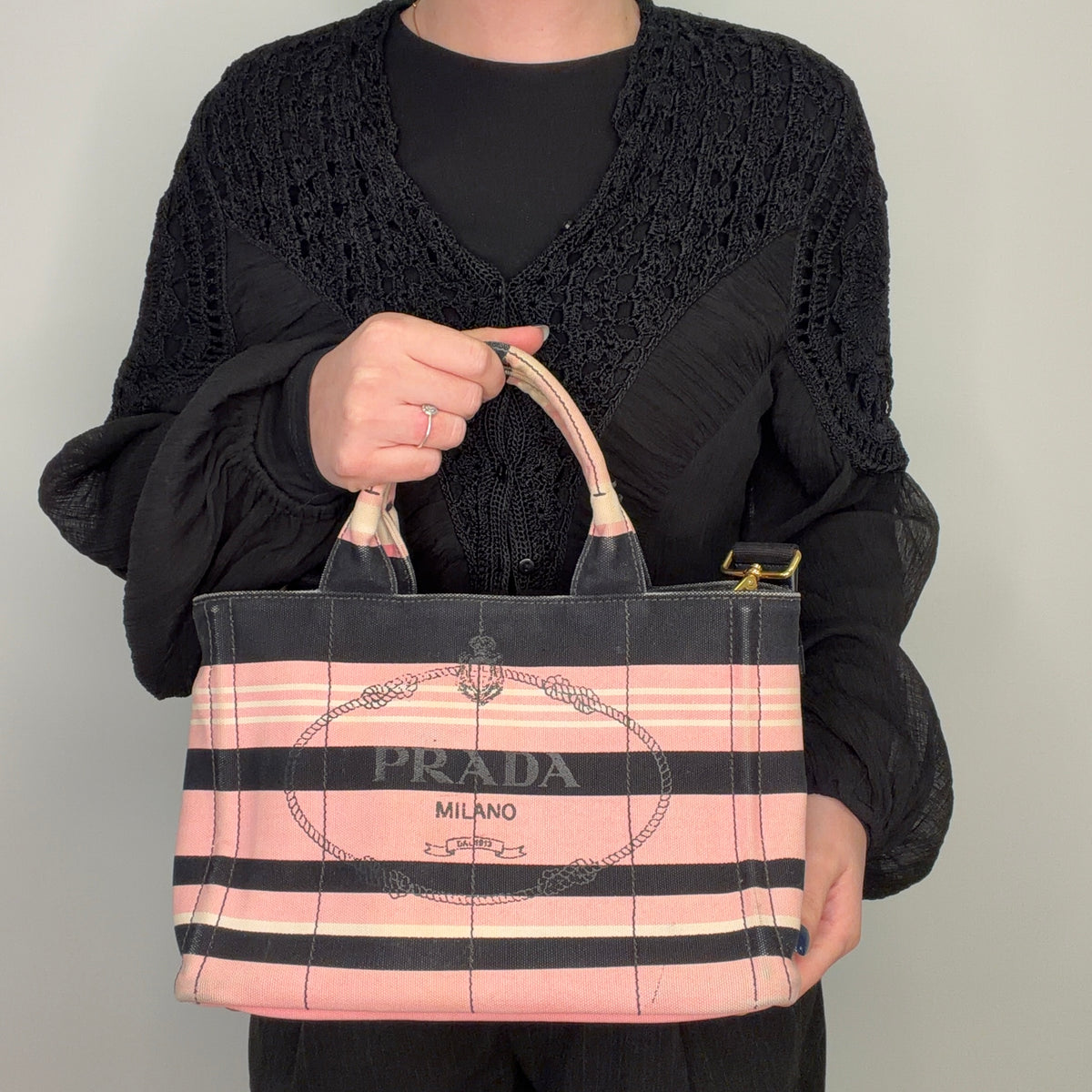 Prada Cannapa Tote Small Pink/Black/White Canvas