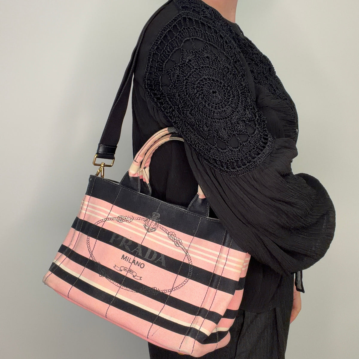 Prada Cannapa Tote Small Pink/Black/White Canvas