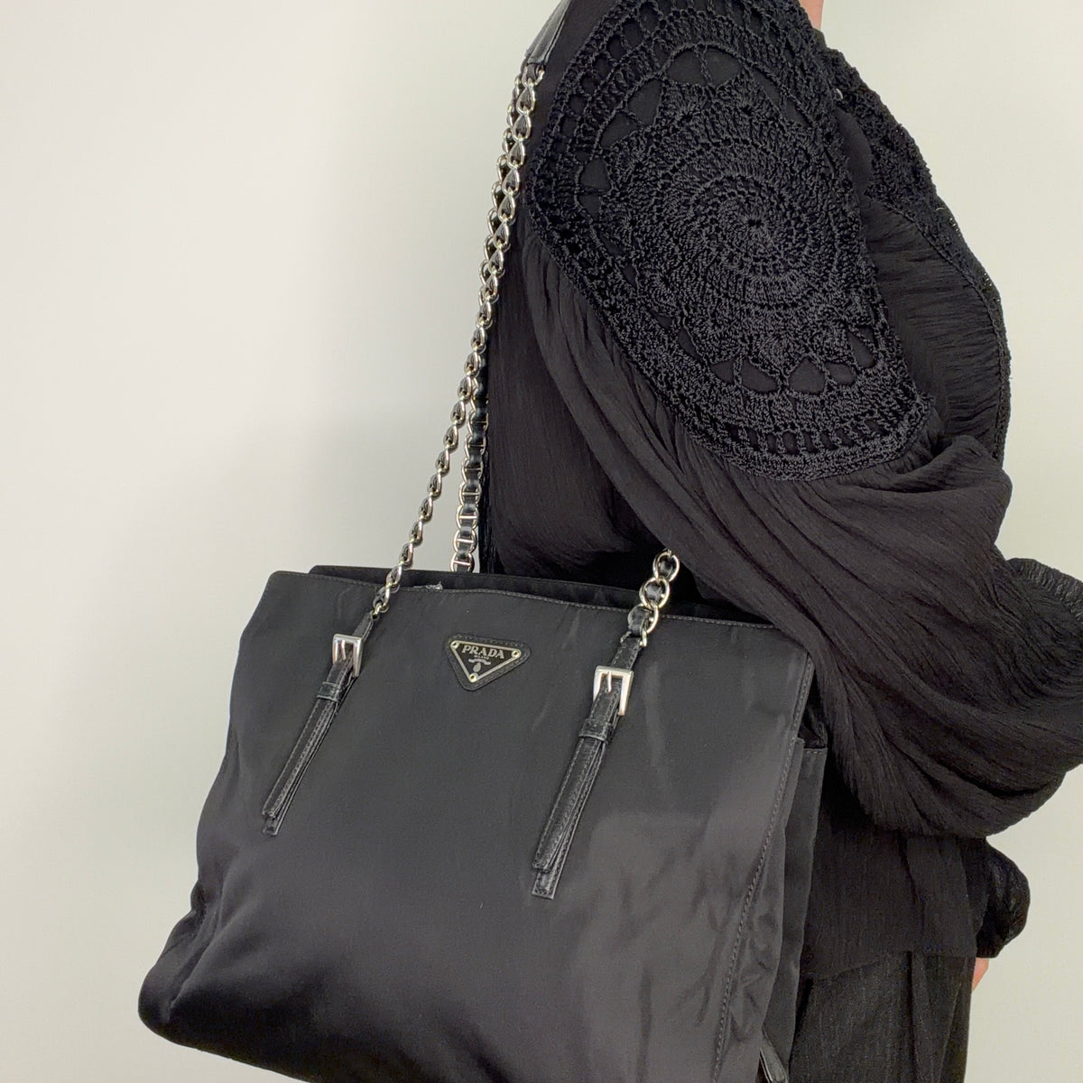 Prada Tote Bag Chain Handle Black Nylon