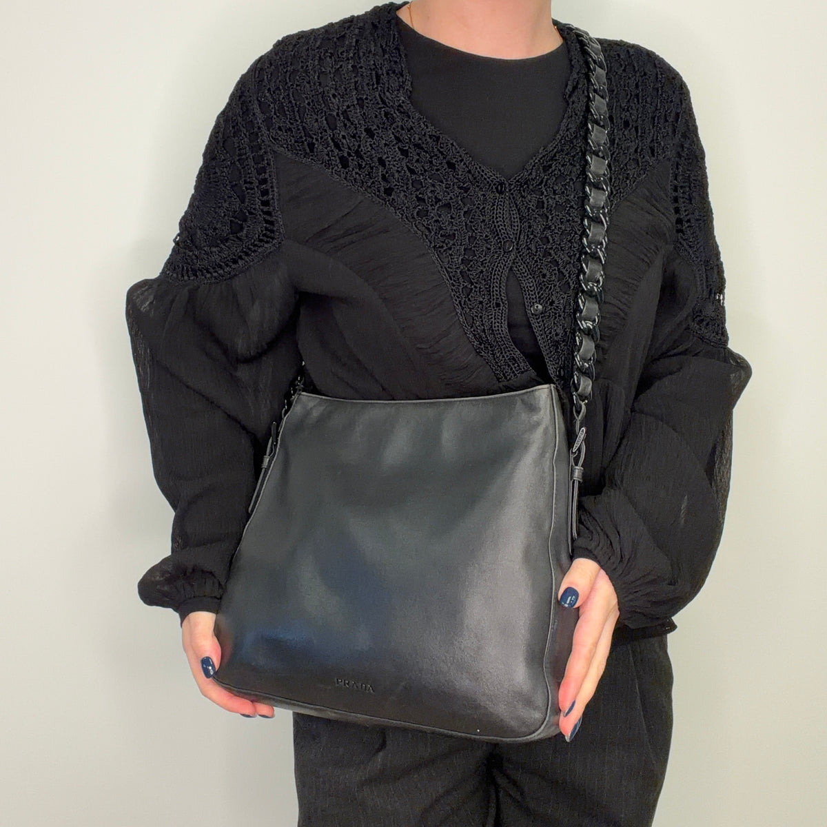 Prada Shoulder Bag Black Soft Leather with Chunky Black Chain