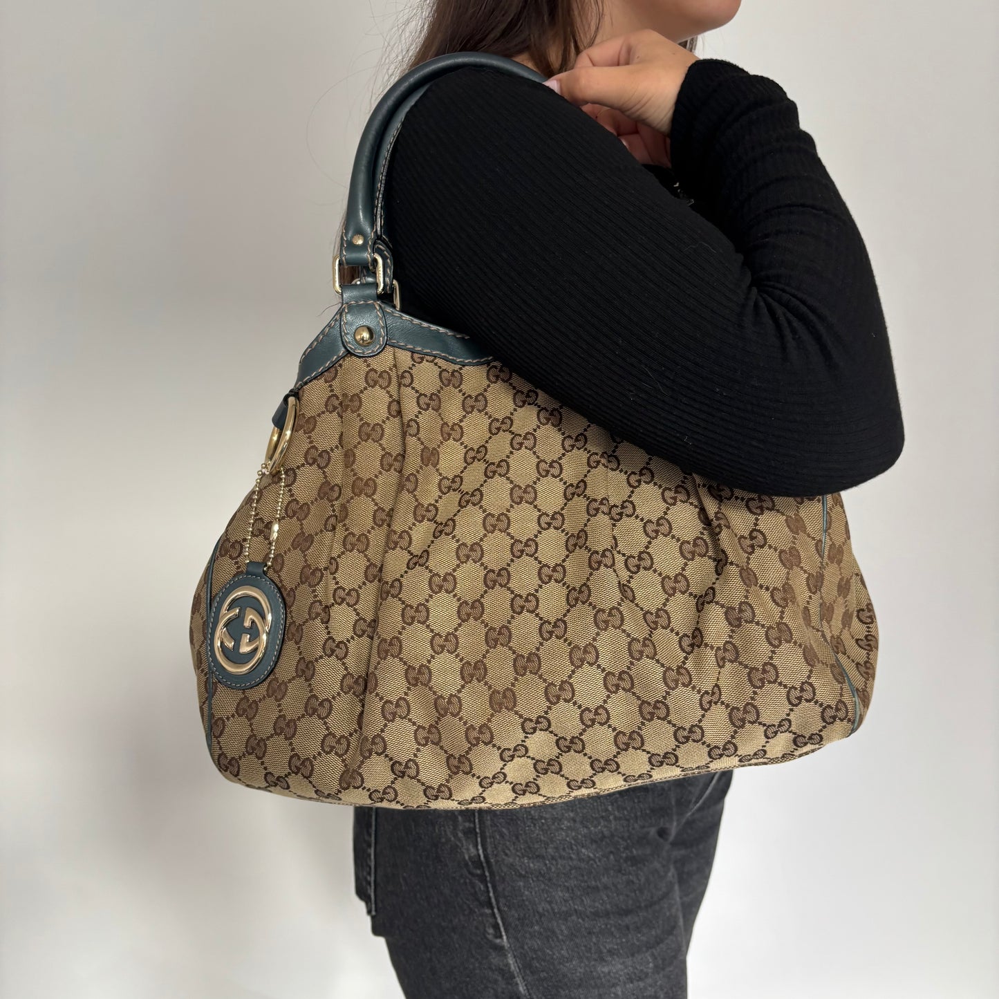 Gucci Sukey Tote GG Canvas and Metallic Blue Leather