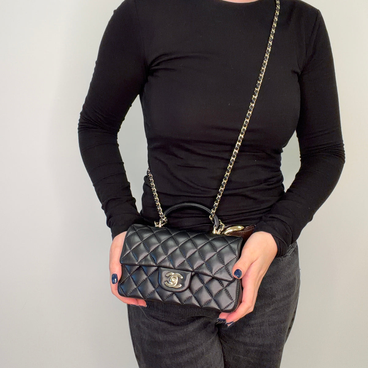 Chanel Mini Rectangle Top Handle Bag Black Lambskin GHW (NFID)