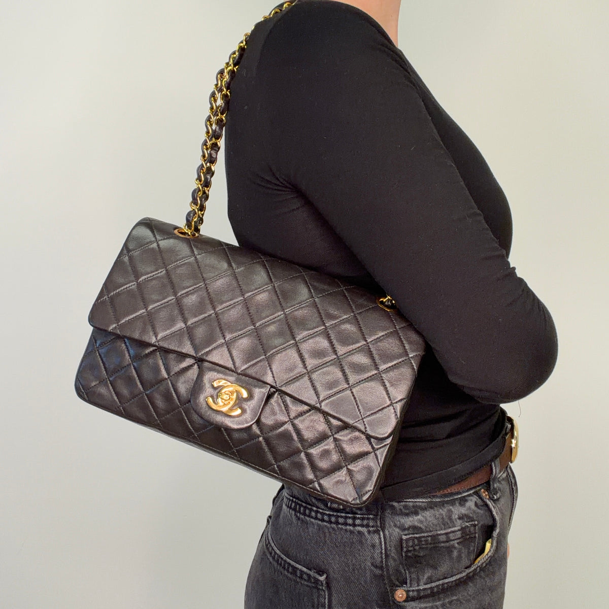 Chanel Classic Double Flap Bag Black Lambskin Gold HW 94/96