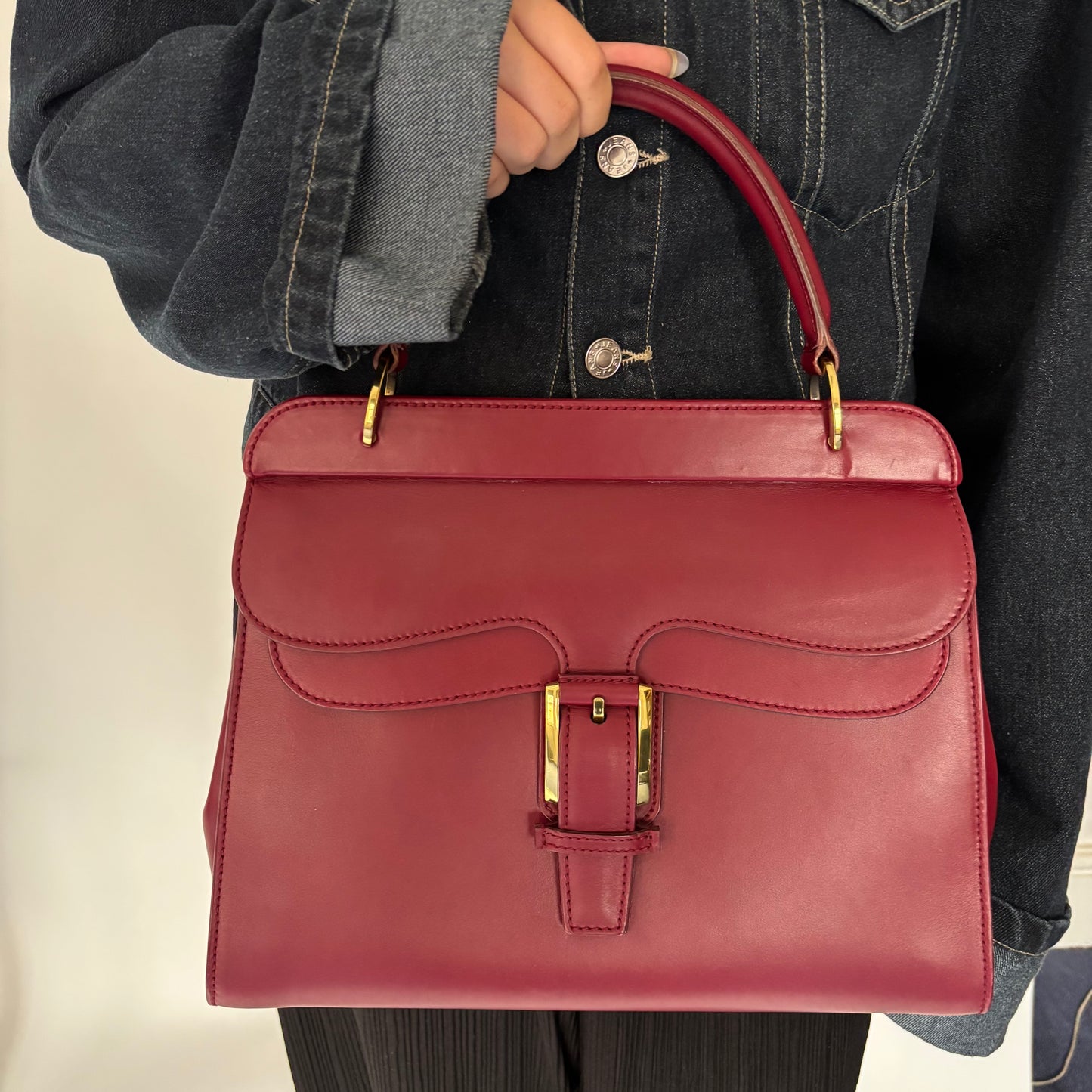 Gucci Deep Red Leather Vintage Kelly Buckle Top Handle Bag