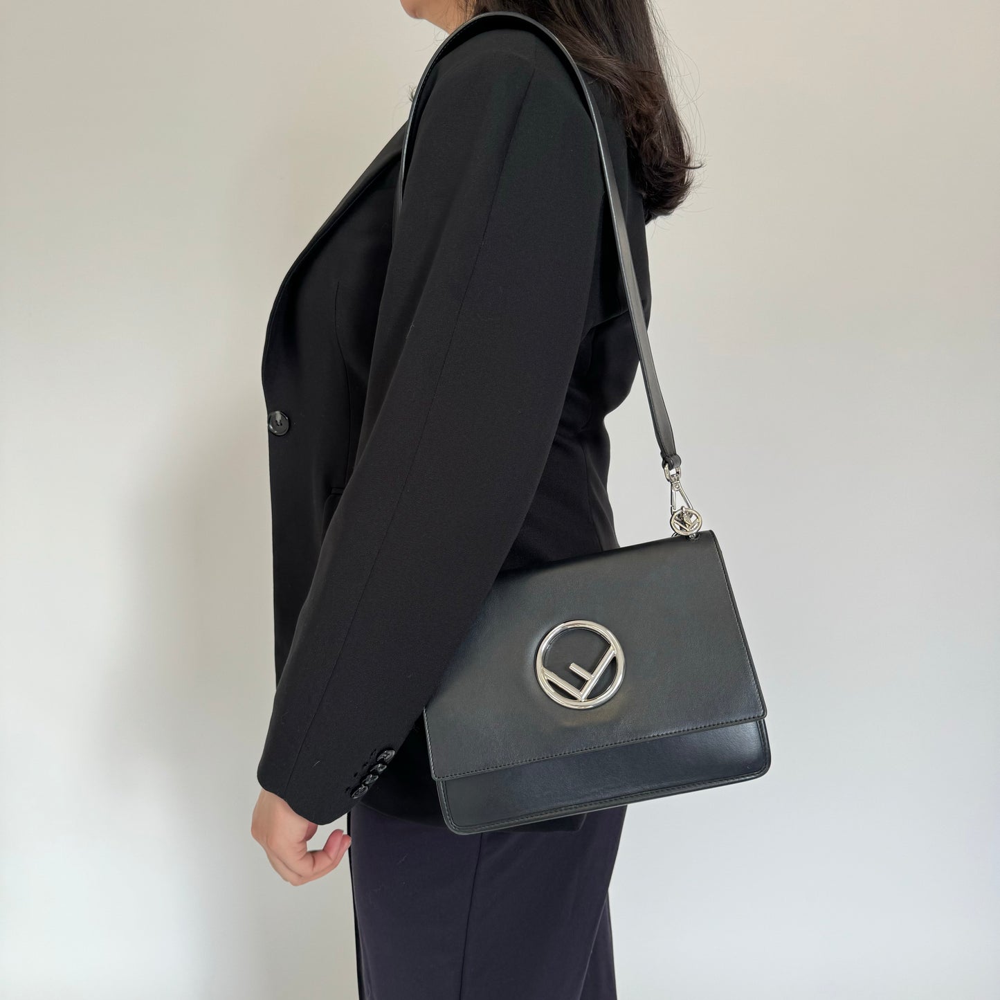 Fendi Black Leather and Multi Tone HW Kan I F Shoulder Bag