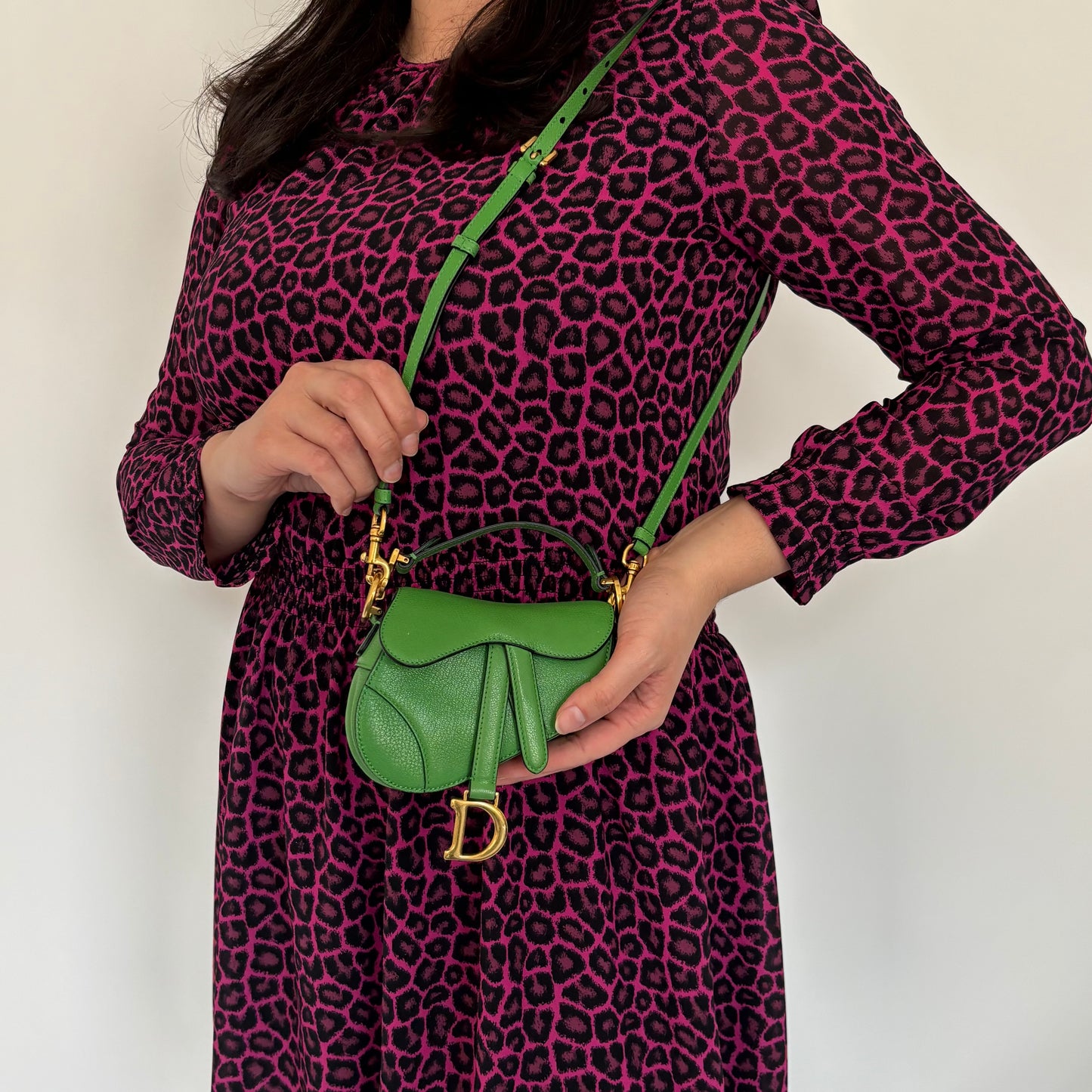 Dior Green Leather GHW Micro Saddle Bag with Strap 2022