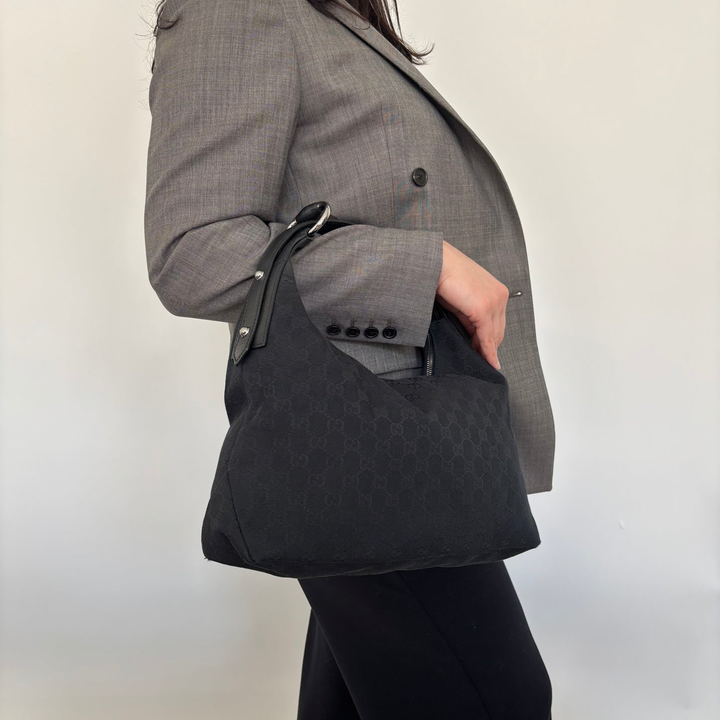 Gucci Black GG Canvas Vintage Horsebit Hobo Bag