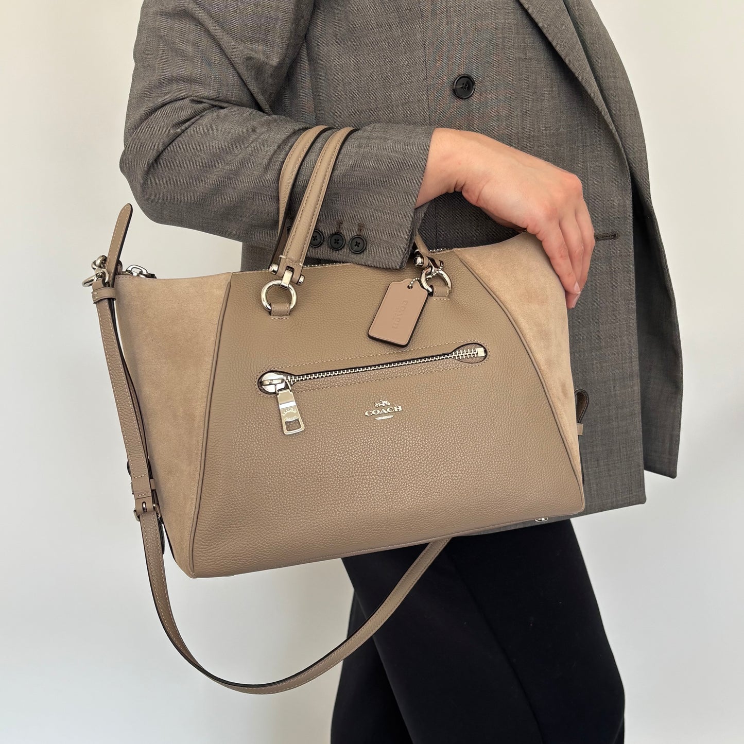 Coach Taupe Suede and Leather Prairie Satchel with Strap