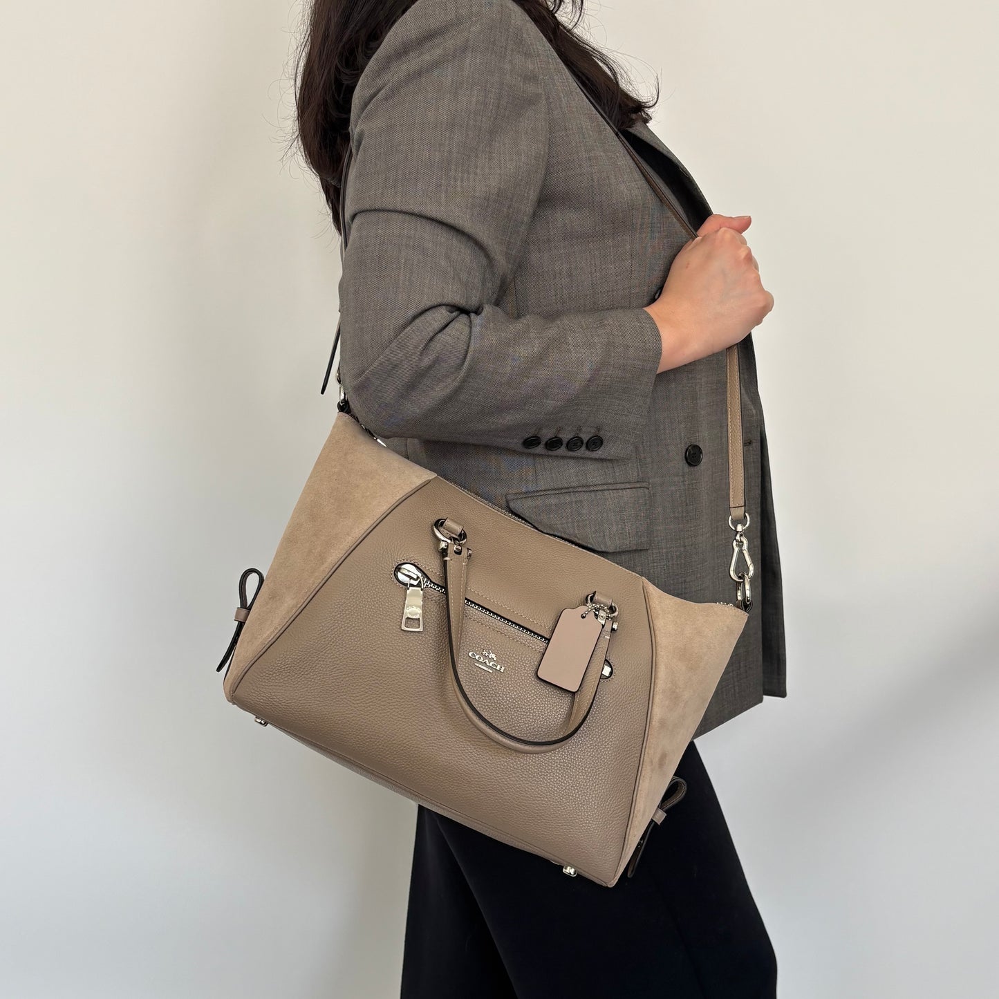 Coach Taupe Suede and Leather Prairie Satchel with Strap