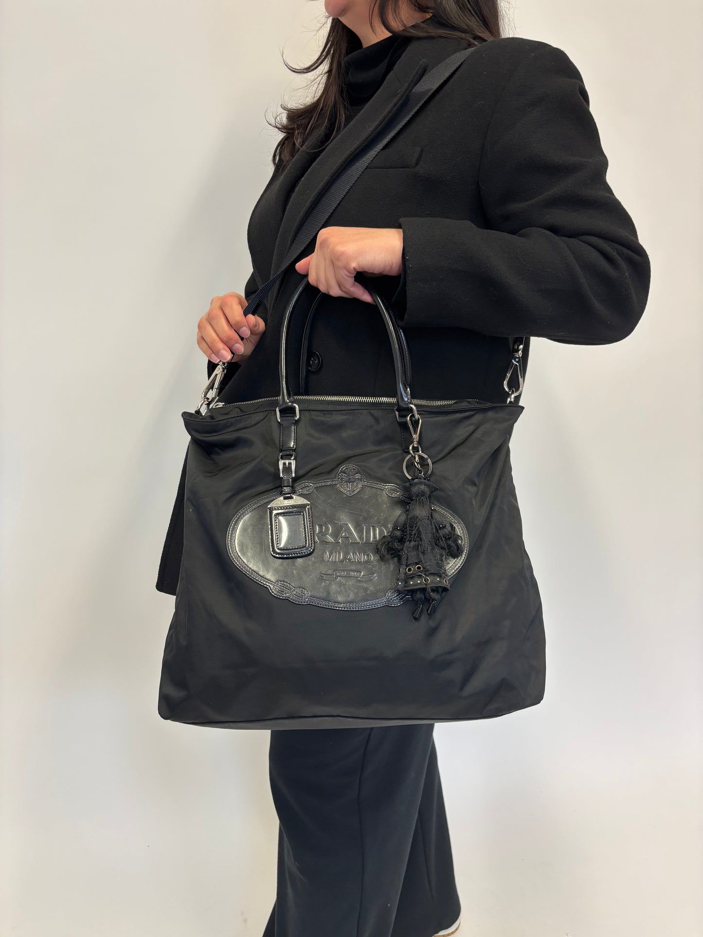 Prada Black Logo Nylon and Leather Tote with Charm