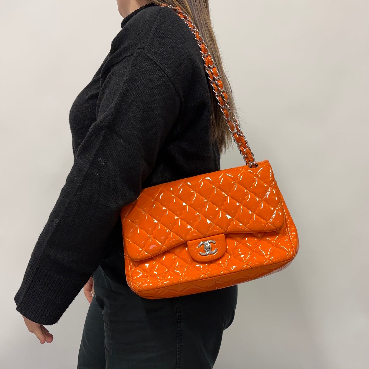 Chanel Orange Patent SHW Classic Jumbo Double Flap Bag 2014