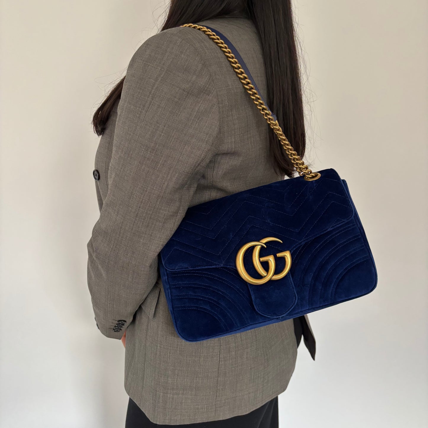 Gucci Blue Velvet GHW Medium Marmont Flap Bag
