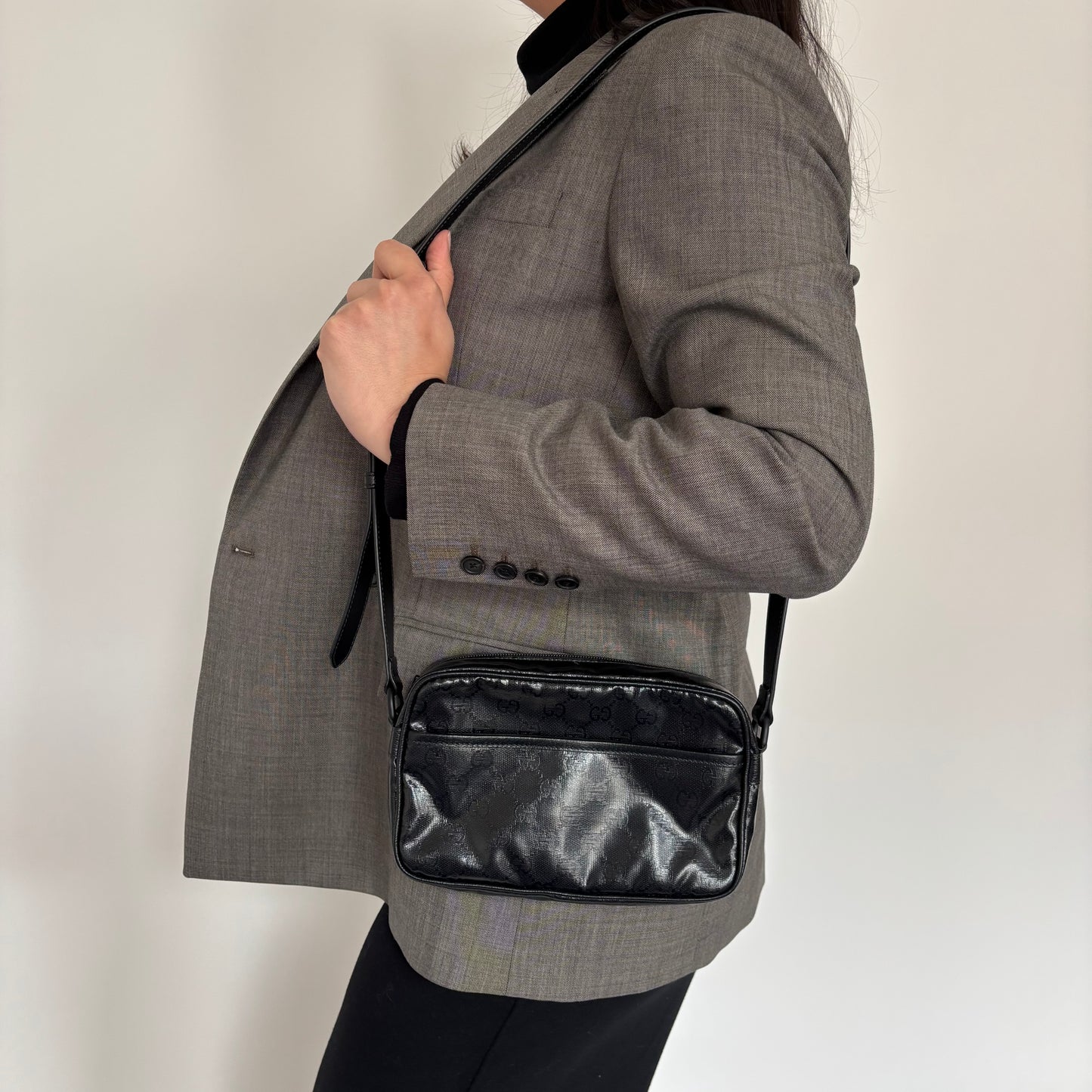 Gucci Black GG Crystal Front Pocket Camera Bag