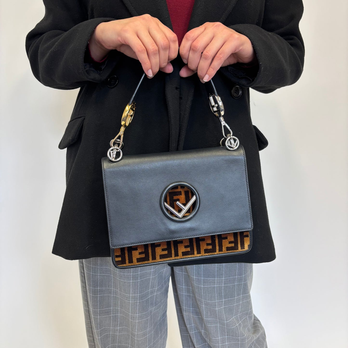 Fendi Black Leather and Velvet Zucca Detail Kan I F 2 Way Bag