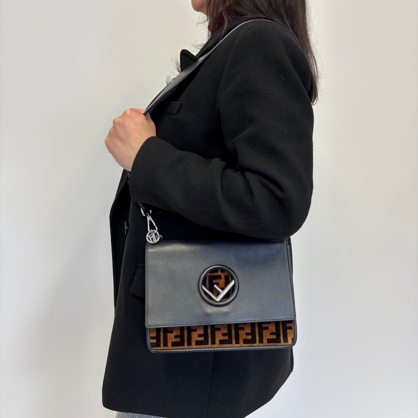 Fendi Black Leather and Velvet Zucca Detail Kan I F 2 Way Bag