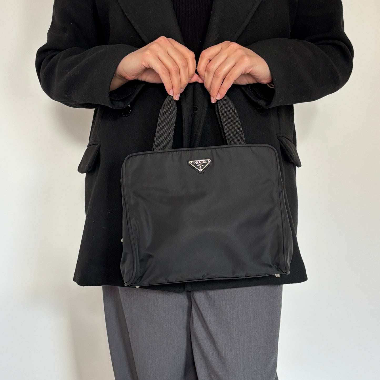Prada Black Nylon Vintage Structured Top Handle Bag