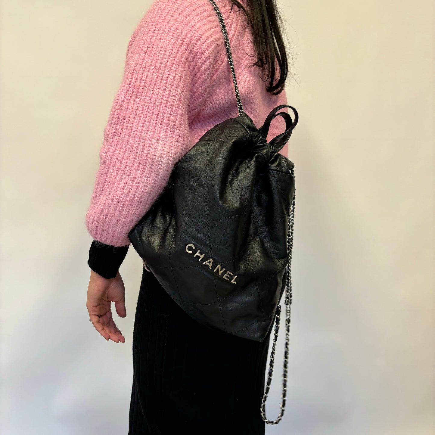 Chanel Black Calfskin and Gunmtal HW 22 Backpack
