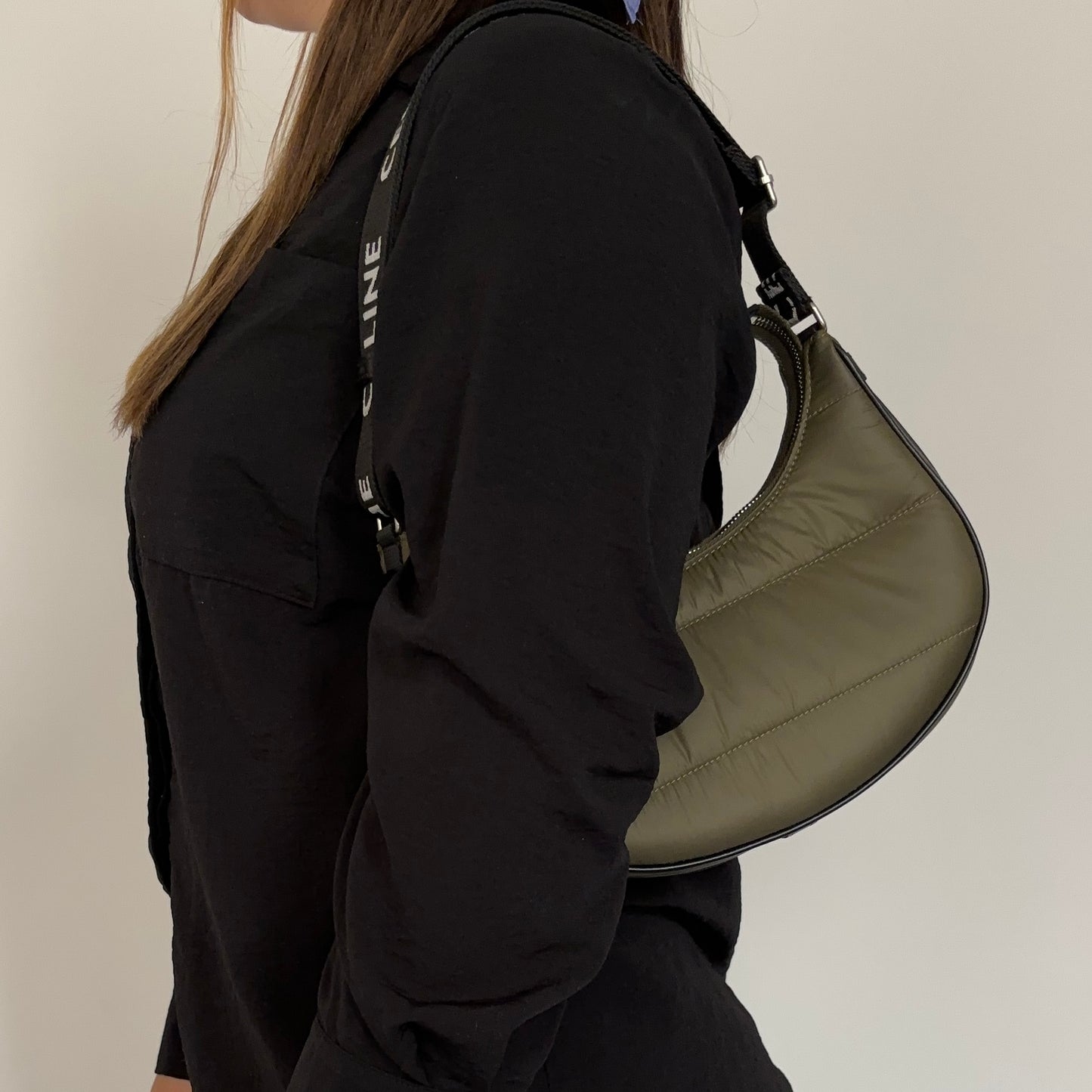 Celine Khaki Nylon Ava Shoulder Bag with Logo Strap