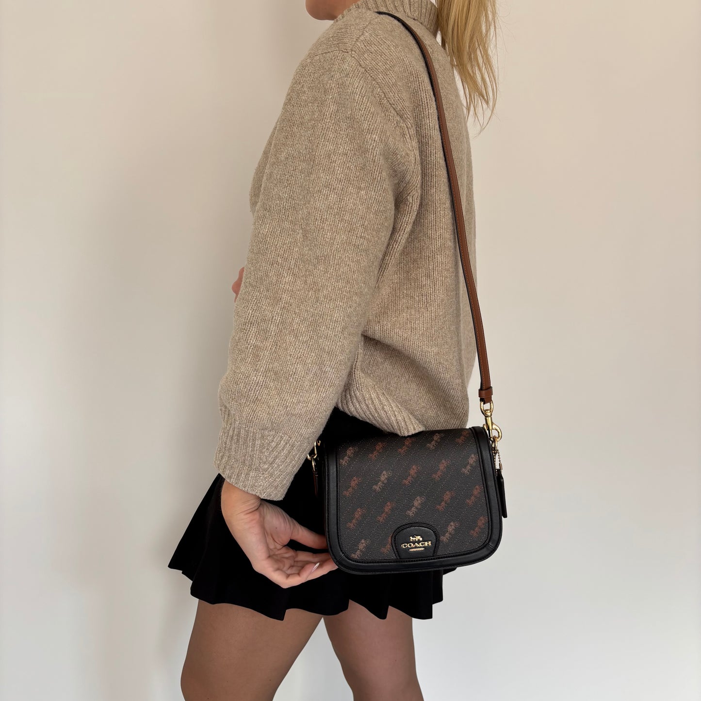 Coach Black and Brown Horse and Carriage Dot Print Saddle Bag