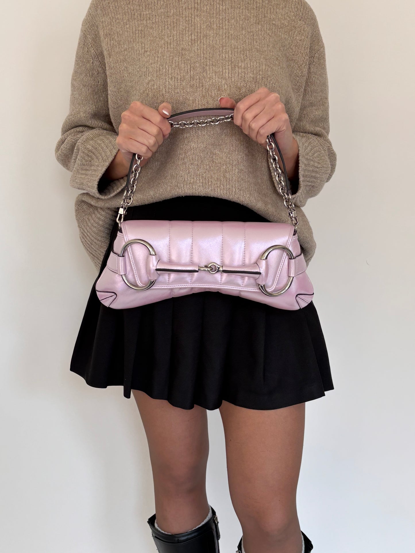 Gucci Pink Iridescent Leather SHW Horsebit Chain Shoulder Bag