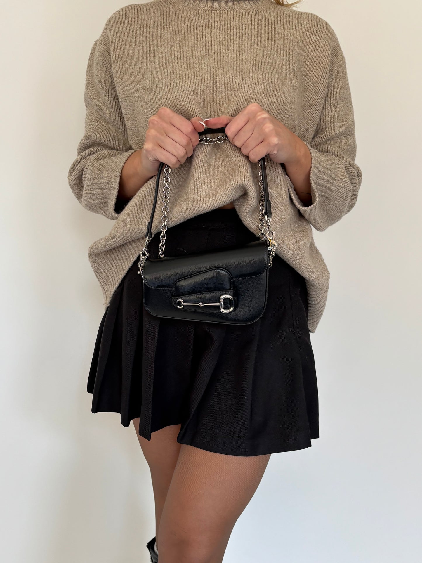 Gucci Black Leather SHW Mini Diagonal Horsebit with Chain