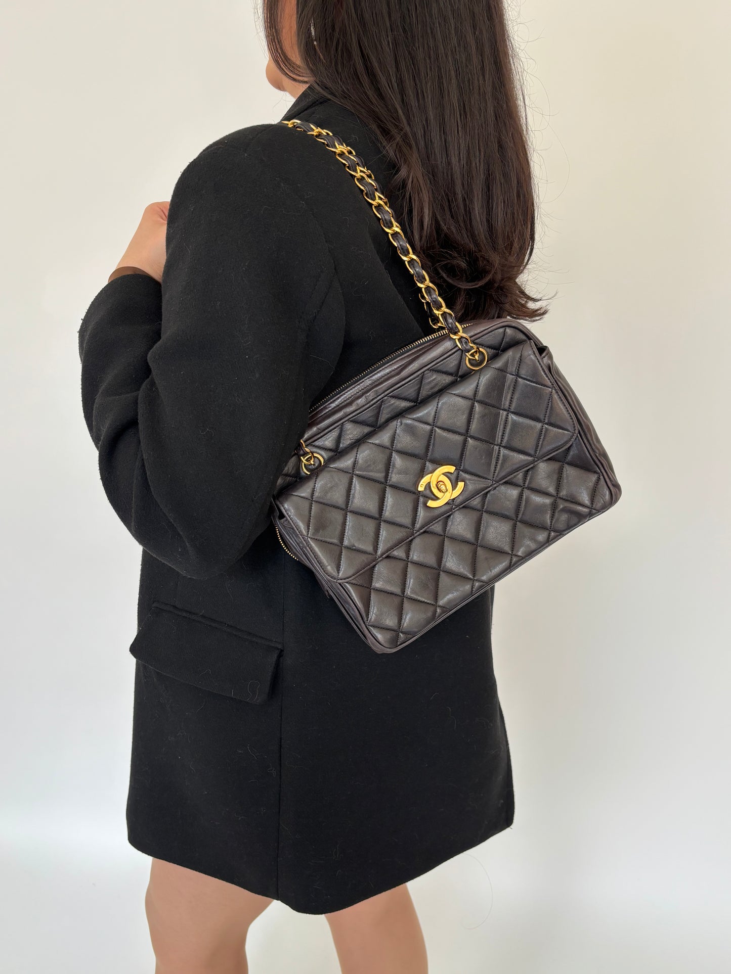 Chanel Brown Lambskin Vintage Front Pocket Square Chain Shoulder Bag 1994/96