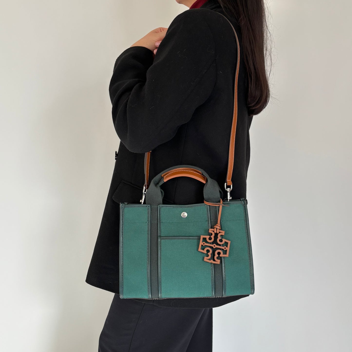 Tory Burch Tory Leather Trimmed Canvas Tote Dark Green