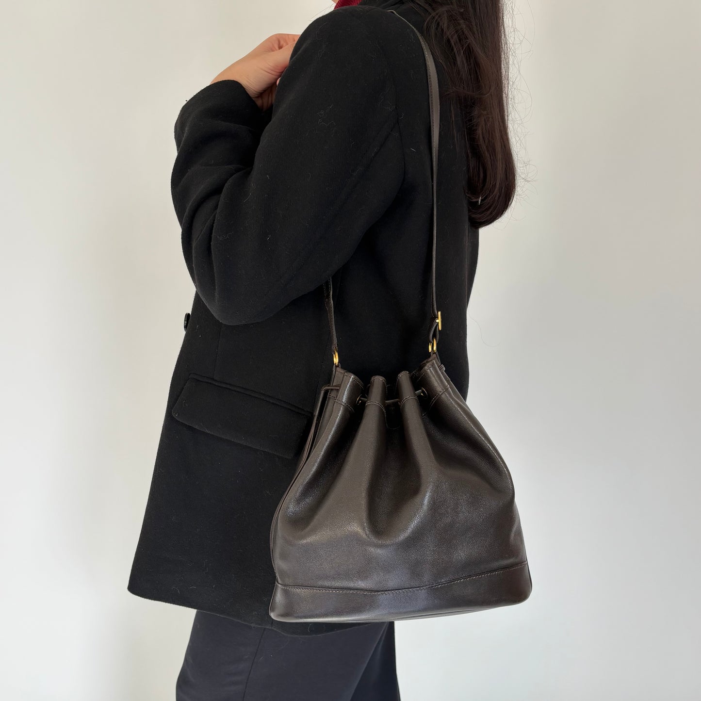 Hermes Dark Brown Gulliver Leather Market Bucket Bag GH