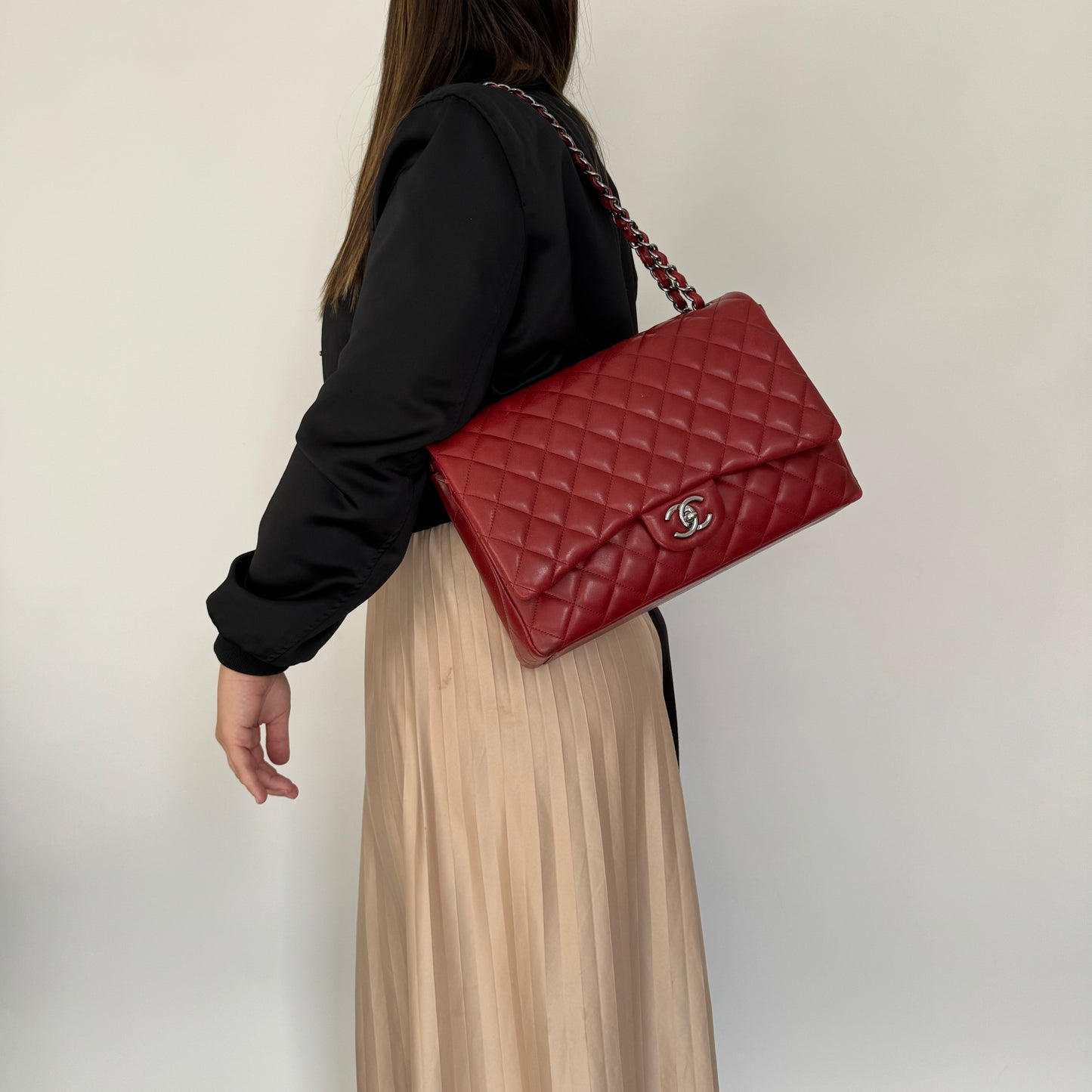 Chanel Rouge Leather Classic Maxi Double Flap 2013/14