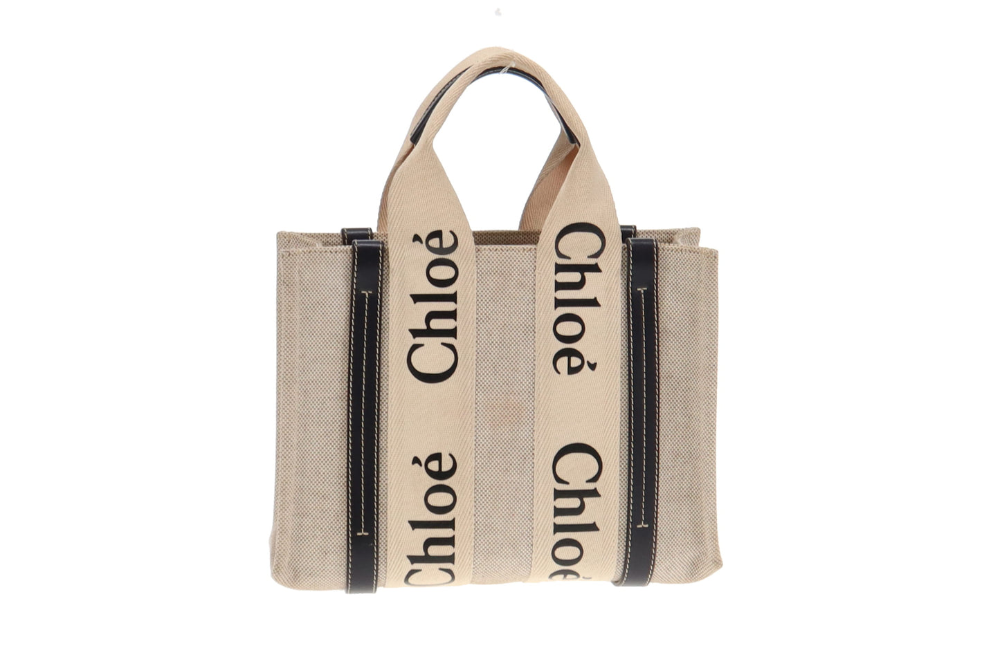 Chloe White and Blue Linen and Calfskin Small Woody Tote Bag