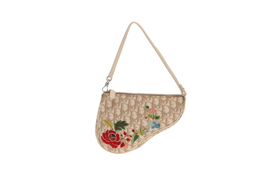 Dior Beige Oblique Coated Canvas Rare Floral Embroidered Mini Saddle Bag