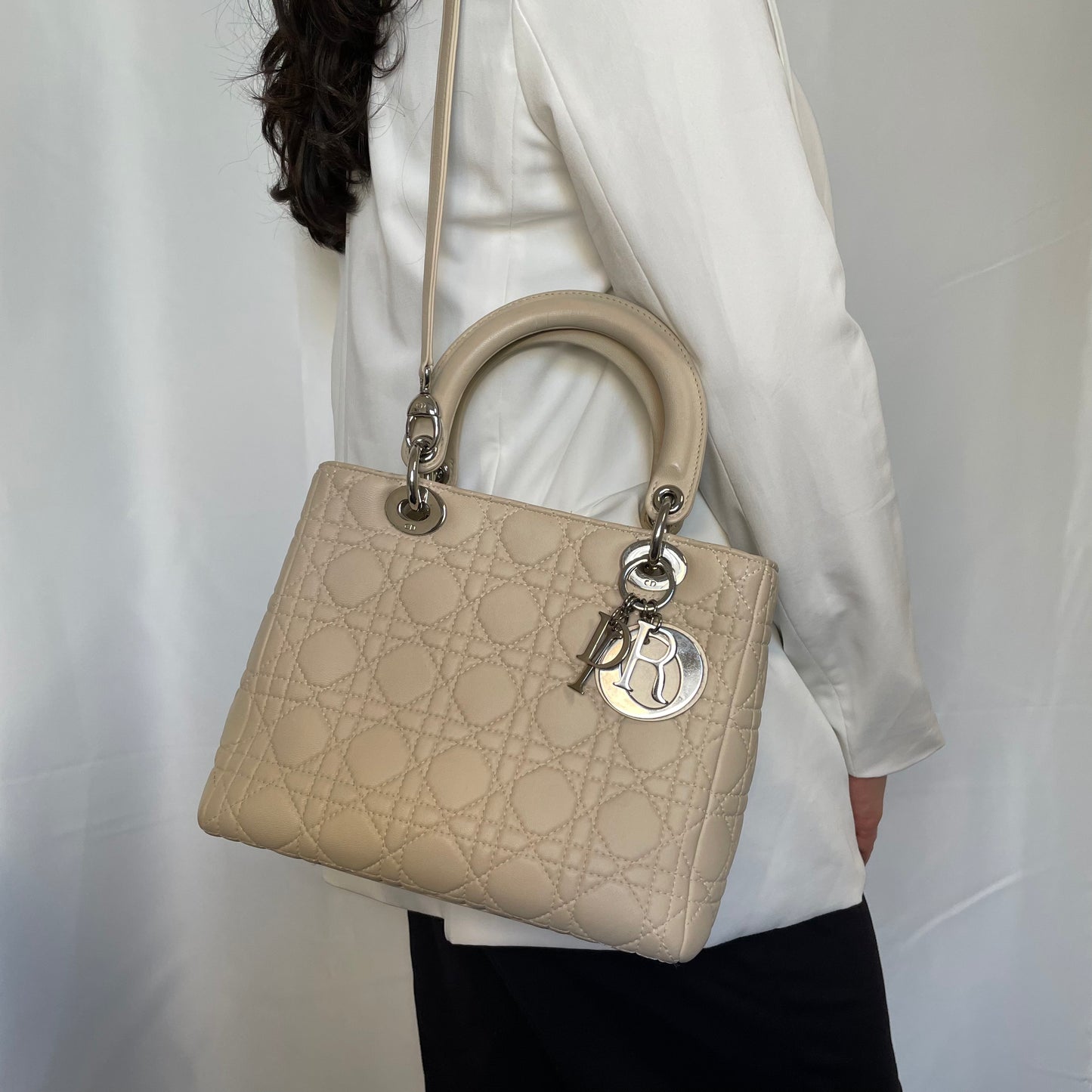 Dior Beige Cannage Calfskin Medium Lady Dior With Strap 2007