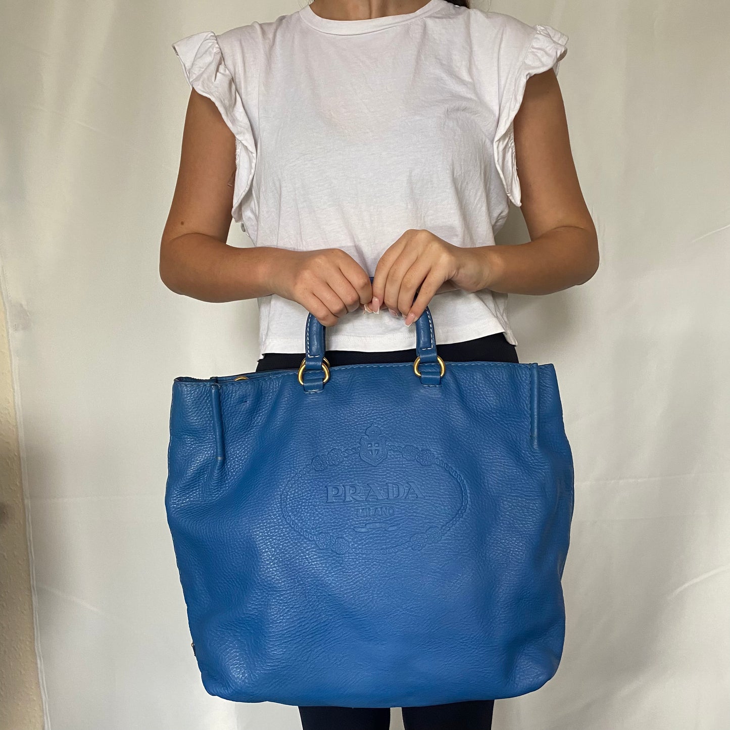 Prada Logo Embossed Blue Leather Tote With Strap