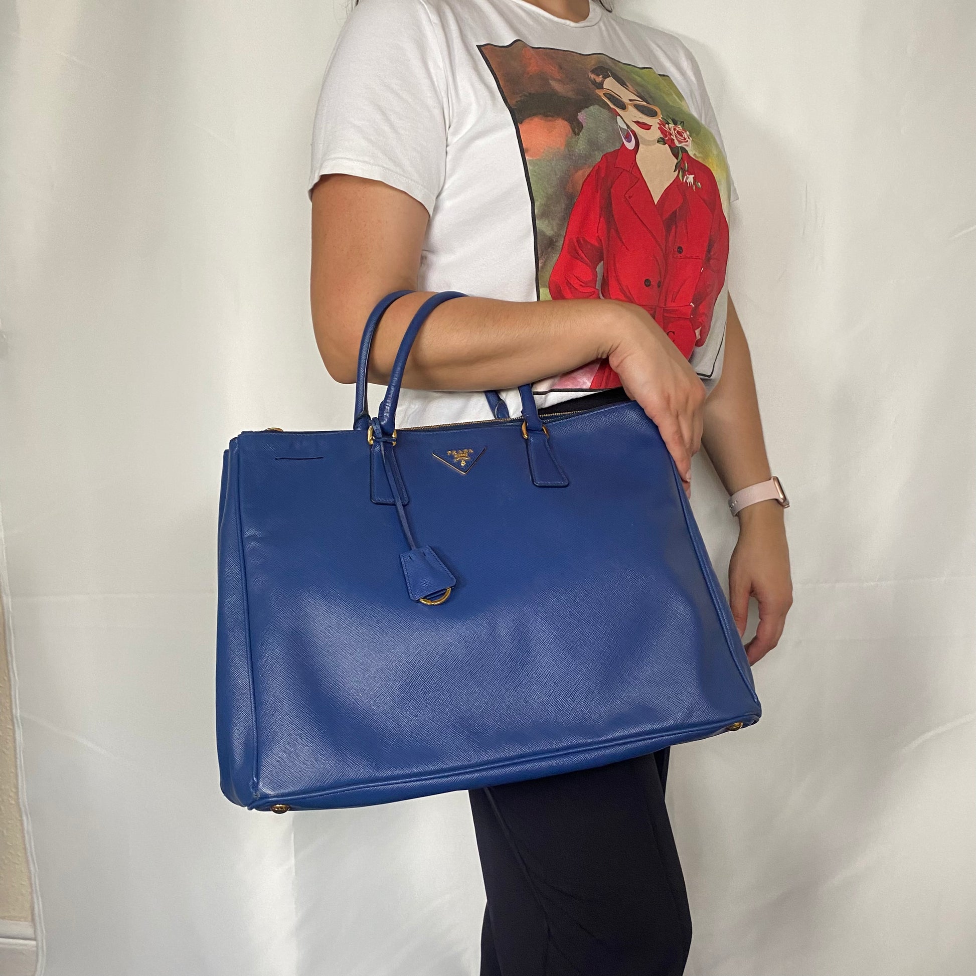 Prada Blue Two-Tone Saffiano Lux Leather Large Double Zip Tote