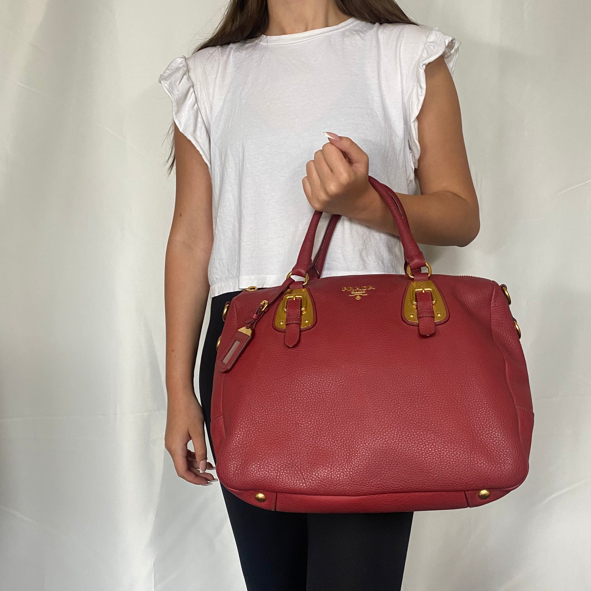 Prada Red Vitello Daino Leather Bauletto Satchel Prada