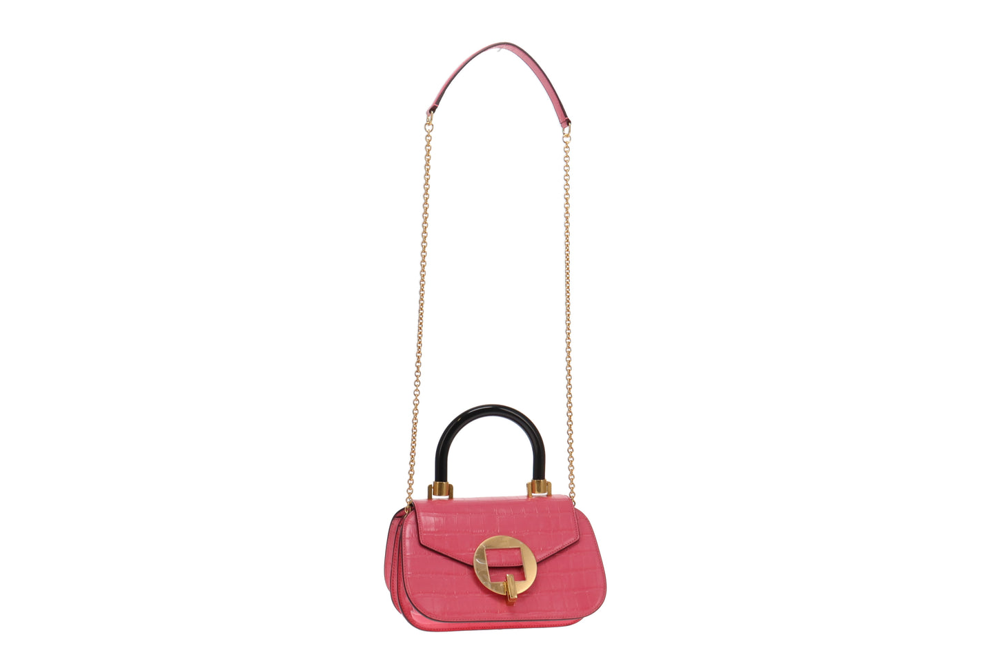 Mulbery Pink Shiny Croc Embossed Bovine Leather Mews Top Handle Chain Bag