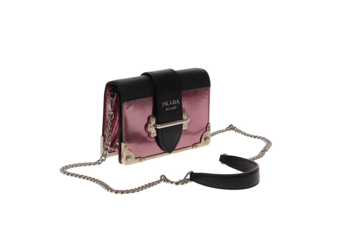 Prada Metallic Pink and Black Saffiano Cahier Chain Shoulder Bag