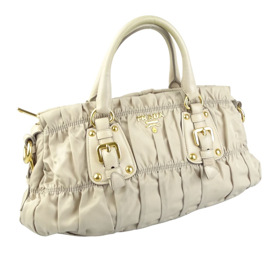 Prada Light Beige Nylon Gauffre Zipped Bag With Shoulder Strap Bags Prada 