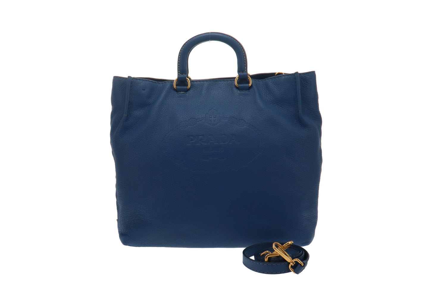 Prada Logo Embossed Blue Leather Tote With Strap