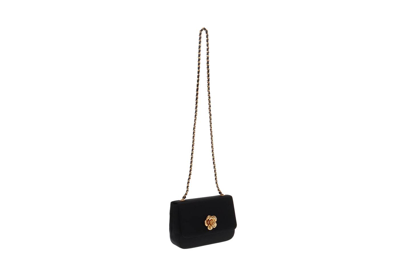 Chanel Vintage Black Satin Camelia Shoulder Bag 1997/99