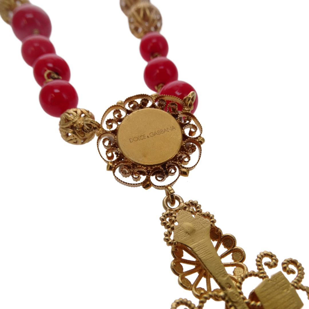 Dolce & Gabbana Sicily Cross Pendant Red Bead Necklace