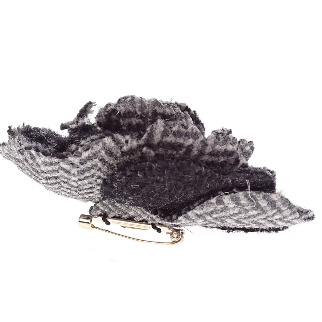 Chanel Grey Tone Tweed Fabric Camellia Brooch