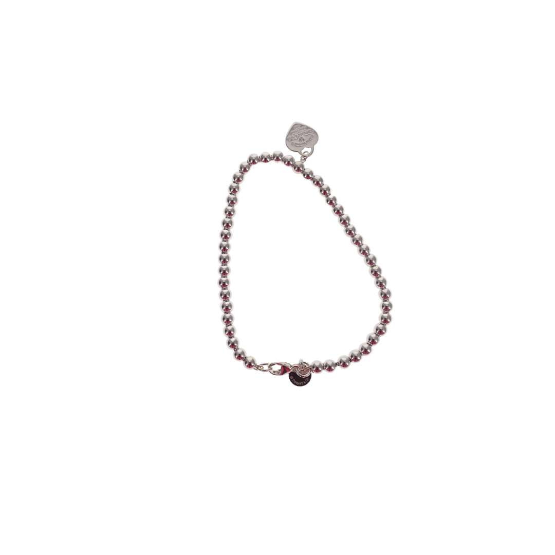 Tiffany & Co Sterling Silver RTT Heart Tag Beaded Bracelet with Diamond