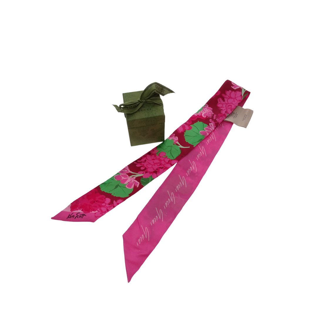 Gucci X Ken Scott 100% Silk Pink/Green Floral Neck Bow Twilly