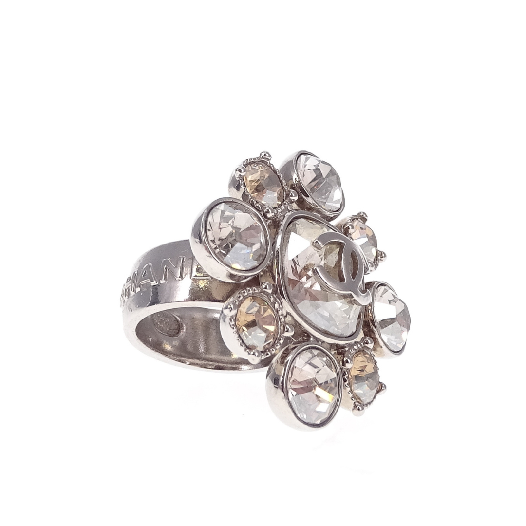 Chanel Silver Tone Crystal CC Flower Ring