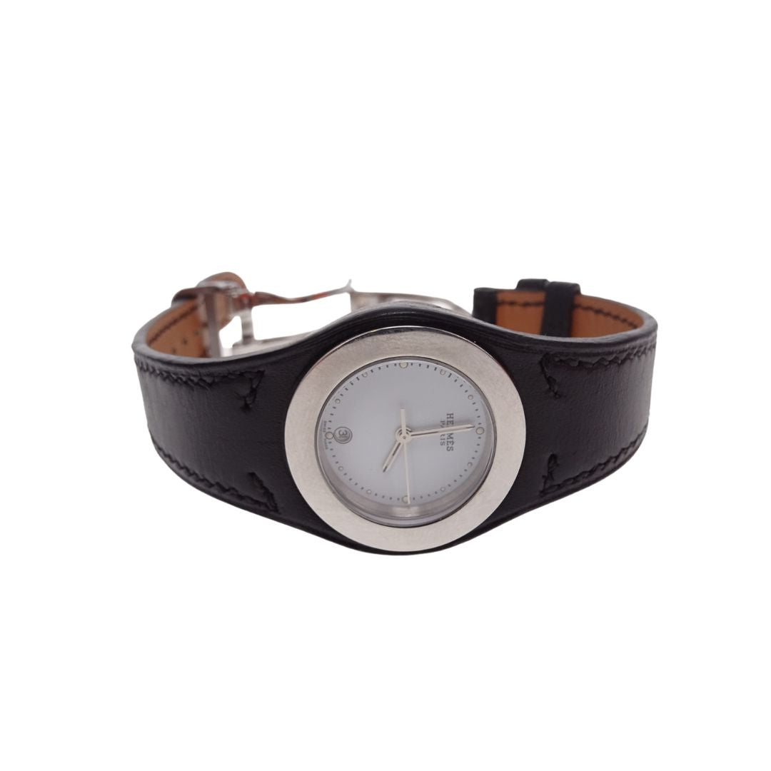Hermes Black Leather and Stainless Steel Harnais Quartz Movement Wrist Watch