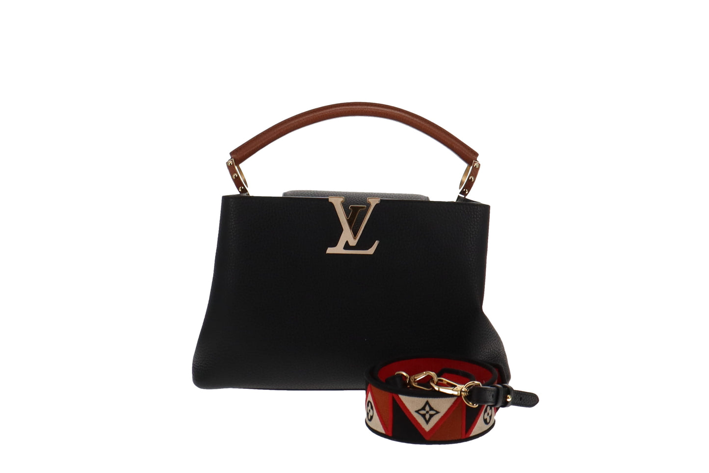 Louis Vuitton Black Leather Capucines MM With Logo Strap