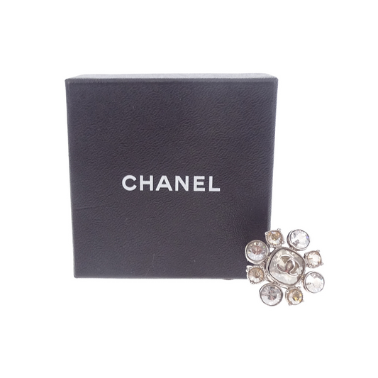 Chanel Silver Tone Crystal CC Flower Ring